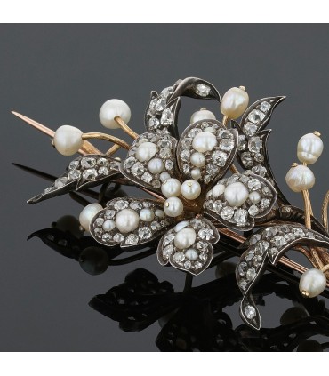 Silver, gold, diamonds and pearls brooch