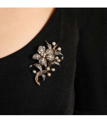 Silver, gold, diamonds and pearls brooch