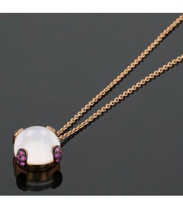 Gold, pink moonstone, rubies necklace