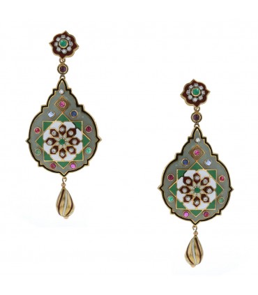 Enamel, gold, diamonds, rubies, sapphires, emeralds earrings