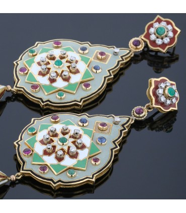 Enamel, gold, diamonds, rubies, sapphires, emeralds earrings