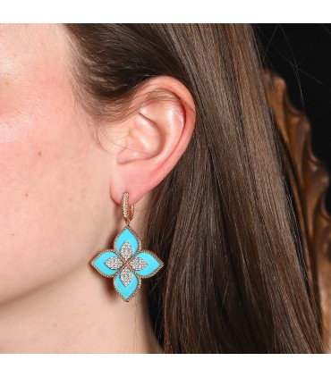 Roberto Coin Princess Flower turquoise, diamonds and 18k gold earrings