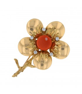 Chaumet coral, diamonds and gold brooch