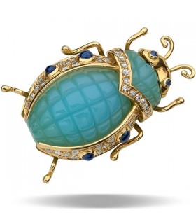 Sapphire, blue calcedony, diamonds and gold brooch