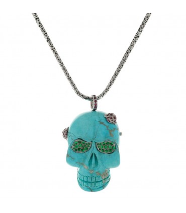 Garnazelle turquoise, tsavorites, rubies and 18k gold pendant