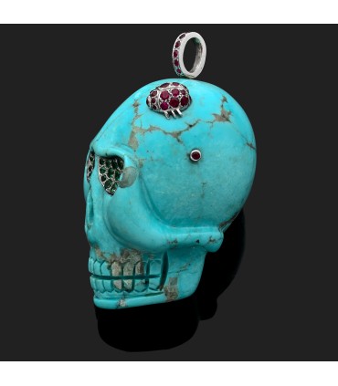 Garnazelle turquoise, tsavorites, rubies and 18k gold pendant