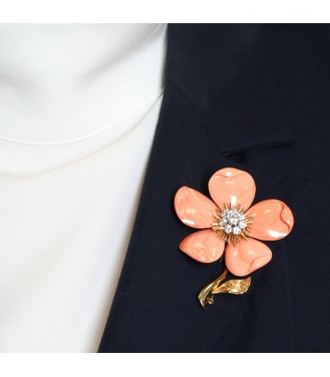 Van Cleef & Arpels coral, diamonds and gold brooch