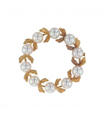 Mikimoto cultured pearls and gold brooch