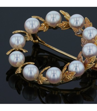 Mikimoto cultured pearls and gold brooch