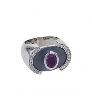 Bague or, diamants, saphir, calcédoine