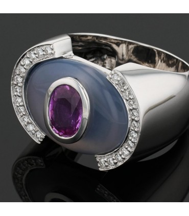 Bague or, diamants, saphir, calcédoine