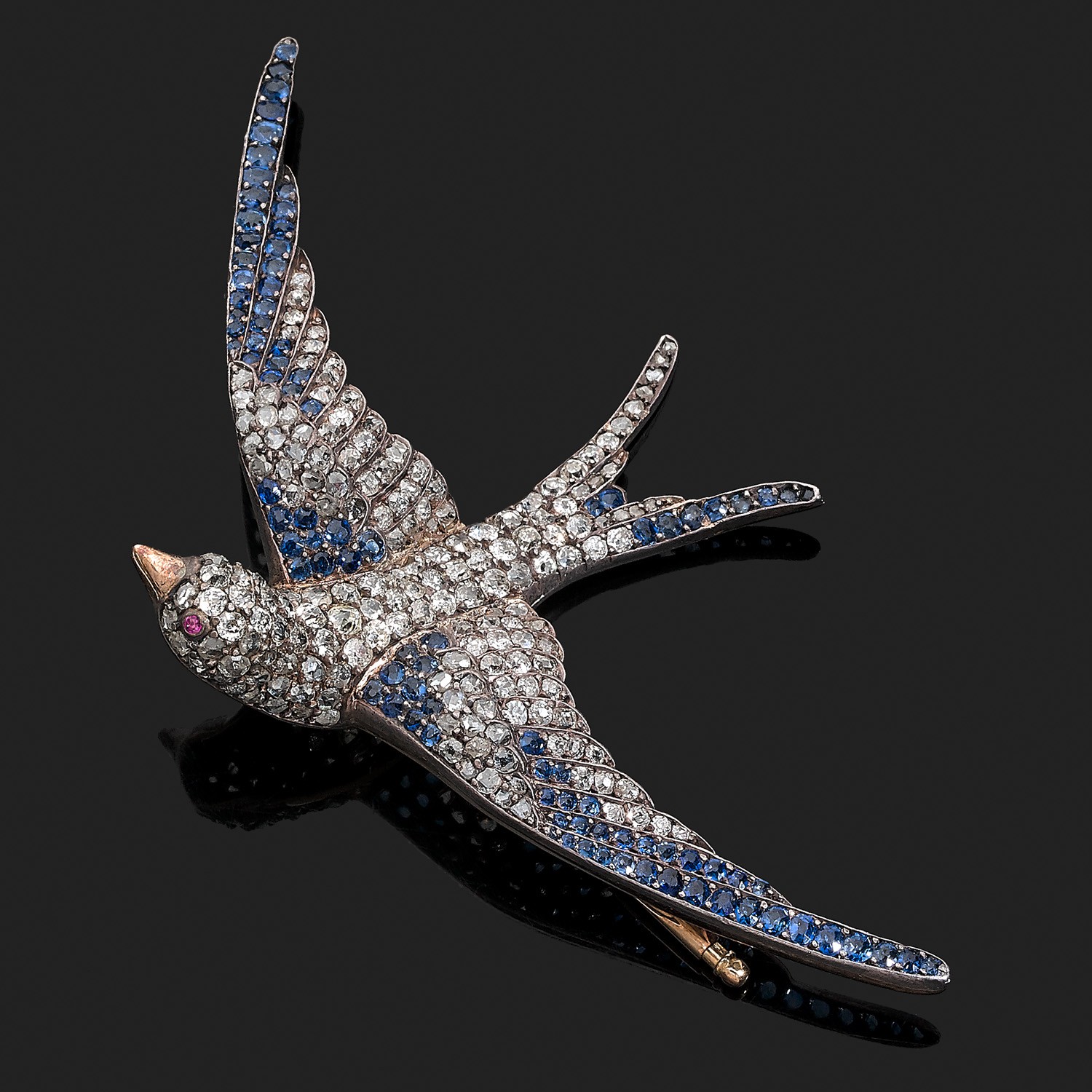 Broche Oiseau En Or 18 Carats Avec émail, Diamants Et Saphir - Poids 20,50 G - Occasion