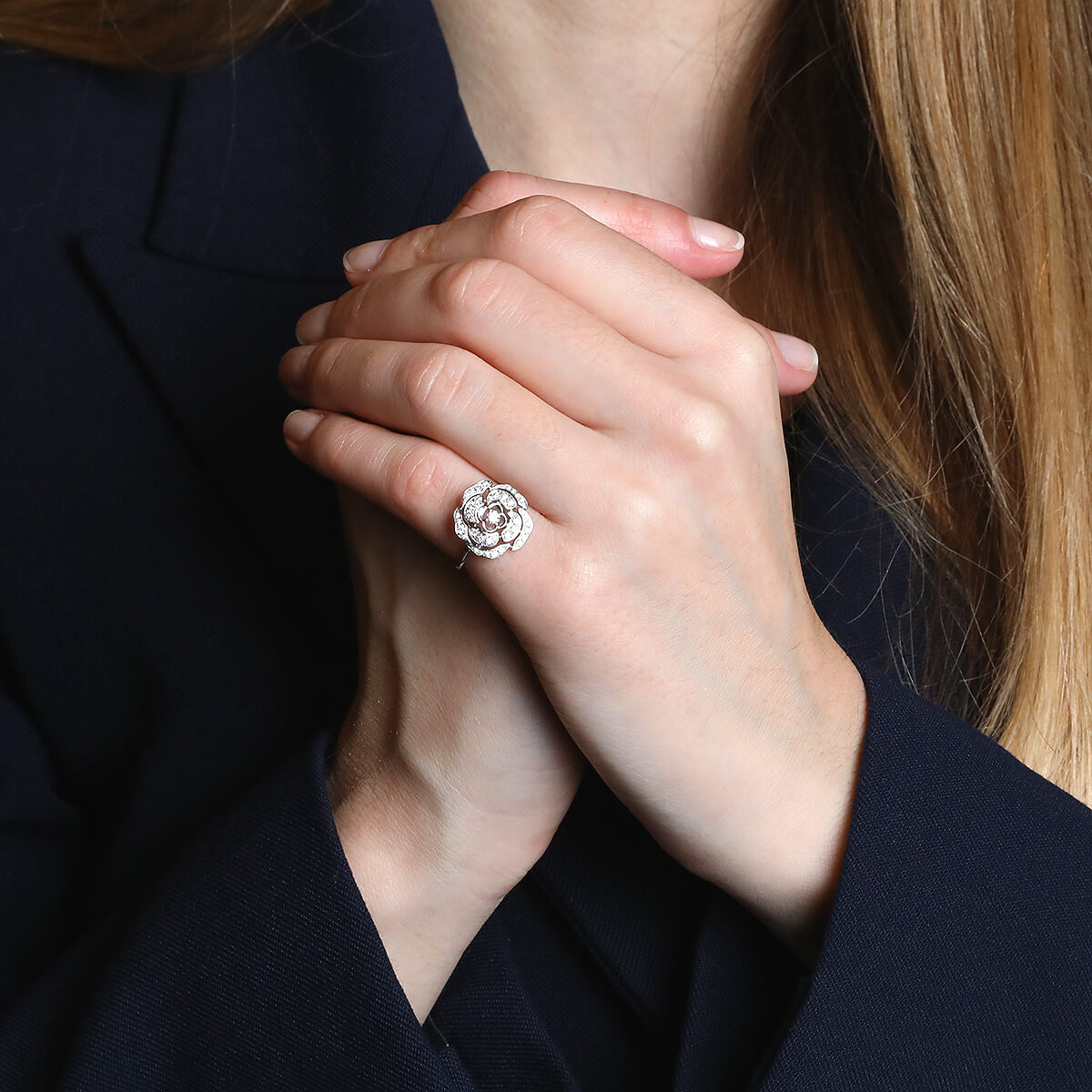 Chanel Bouton De Camélia Diamond Flower 18k White Gold Ring