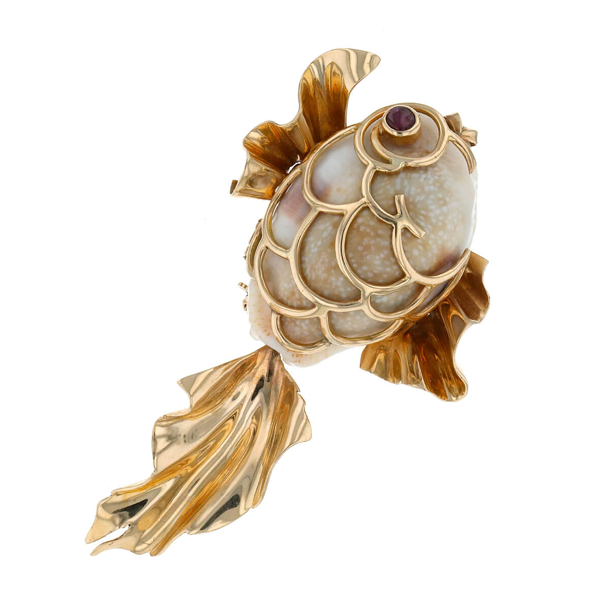 Broche poisson CARVEN en métal doré émaille et strass